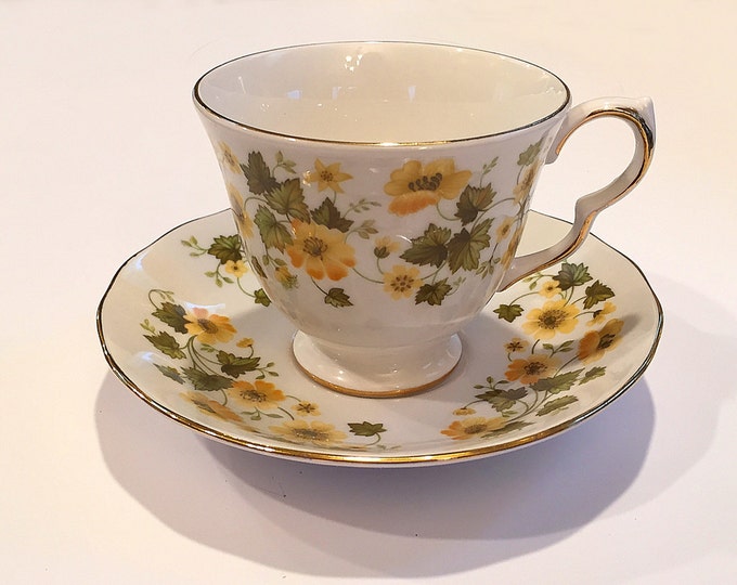 Vintage Queen Anne Bone China Cup and Saucer Set England Yellow Flowers