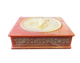 Incolay Pink Rose Stone Jewelry Box Trinket Box Keepsake Box Jewellery Box Cameo Mother and Child Angels