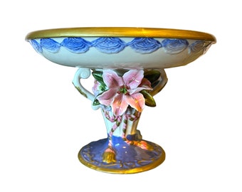 Porcelain Pedestal Compote Pink Lily Floral Rope Pattern Three Dimensional Flowers Candy Dish