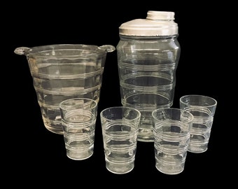 Anchor Hocking Banded Crystal Rings Cocktail Shaker Ice Bucket and Glassware Set
