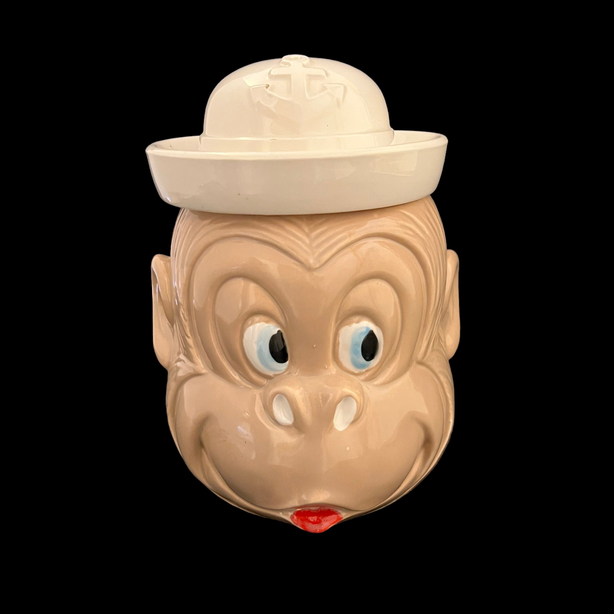 セーラーハットをかぶった小さなチンパンジーの陶器クッキージャー 