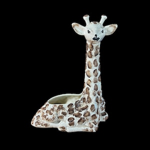 Könnte beinhalten: Keramik-Giraffen-Pflanzgefäß, cremefarben mit braunen Flecken. Die Giraffe sitzt, Kopf und langer Hals aufrecht. Der Pflanztopf hat eine kleine Öffnung für Pflanzen, ein charmantes Dekorationsstück.