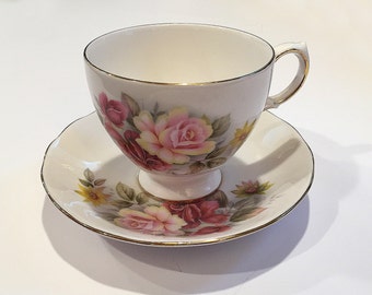 Vintage Queen Anne Bone China Cup and Saucer Set England Pink Roses Flowers 8517 Tea Party