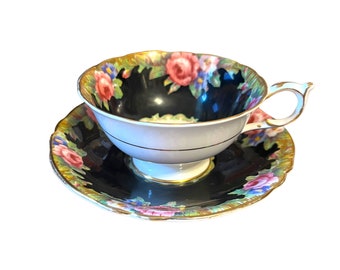 Paragon Black Tapestry Rose Tea Cup and Saucer Set Fine Bone China Double Warrant