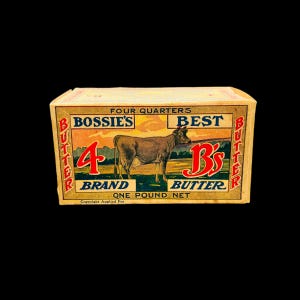 Boîte en carton originale Bossie's Best Brand des années 30, présentation du film BOÎTE VIDE