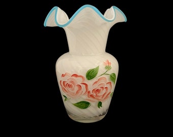 Fenton Optic Swirl Vase Blue Ruffled Rim Hand Painted Red and Pink Roses