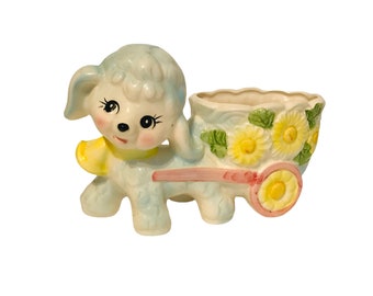 Relpo 6728 Ceramic Lamb with Cart Planter Japanese Nursery Decor Baby Shower Gift