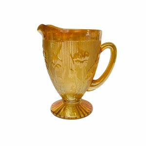 Jeannette Herringbone and Iris Large Pitcher Iridescent Marigold Carnival Glass
