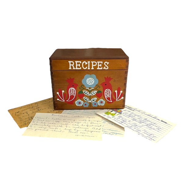 Vintage Wooden Recipe Box Filled with Hand Written Recipes Hand Painted Folk Art Flowers and Birds