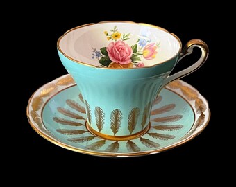 Royal Stafford Tea Cup and Saucer Set  Bone China Turquoise Blue with Gold Feathers Set Vintage Tea Party Made in England