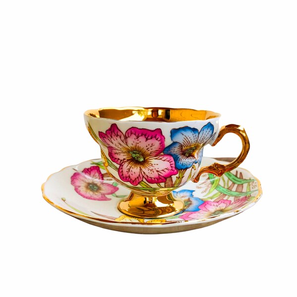 Rosina Pink and Yellow Floral Cup Saucer Set 5162 English Bone China England Vintage Tea Party