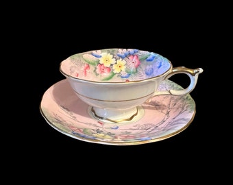 Paragon Tea Cup and Saucer Set Pink Floral Landscape with Birch Trees Fine Bone China Double Warrant