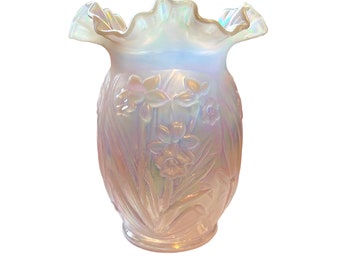 Fenton Iridescent Daffodil Vase Opalescent Glass Double Crimped Ruffled Rim