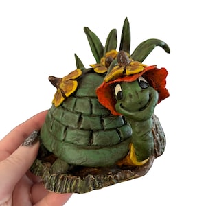 Smiling Papier Mâché Turtle in a Hat Sculpture with Flowers and Grass by Artist Elaine Clingan 1980