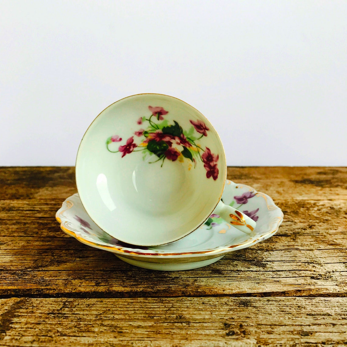 Saji Occupied Japan Fancy China Tea Cup Saucer Set Violets Etsy