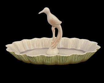 Gray Ceramic Mid Century Pond with Crane Bird Figurine