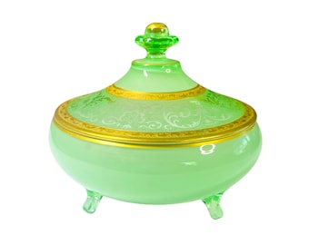 Cambridge Uranium Glass Covered Bowl Etched 725 Green and Gold Glows Under Blacklight