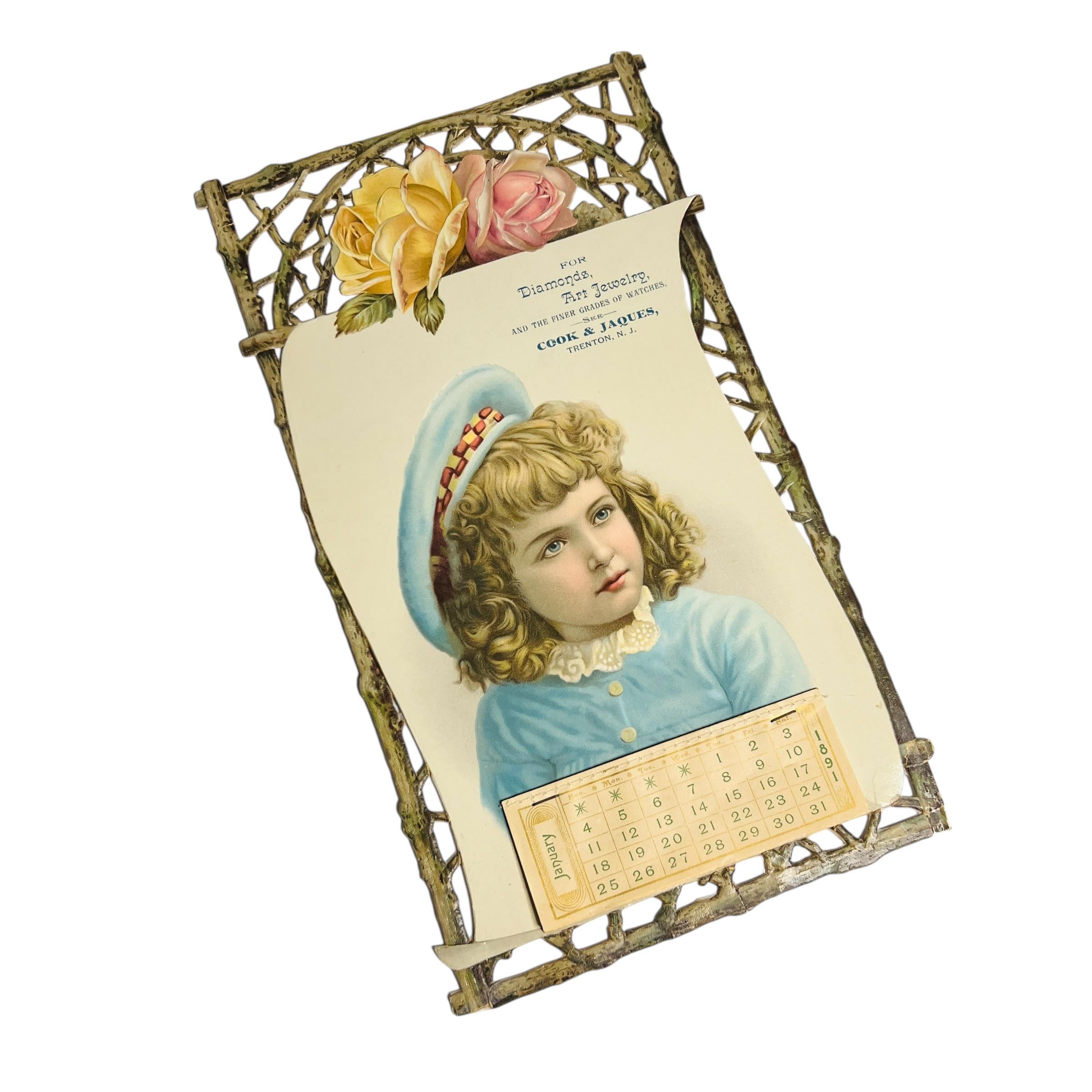 Antique Die Cut Advertising Calendar 1891 Girl in Blue Embossed Roses Cook & Jaques