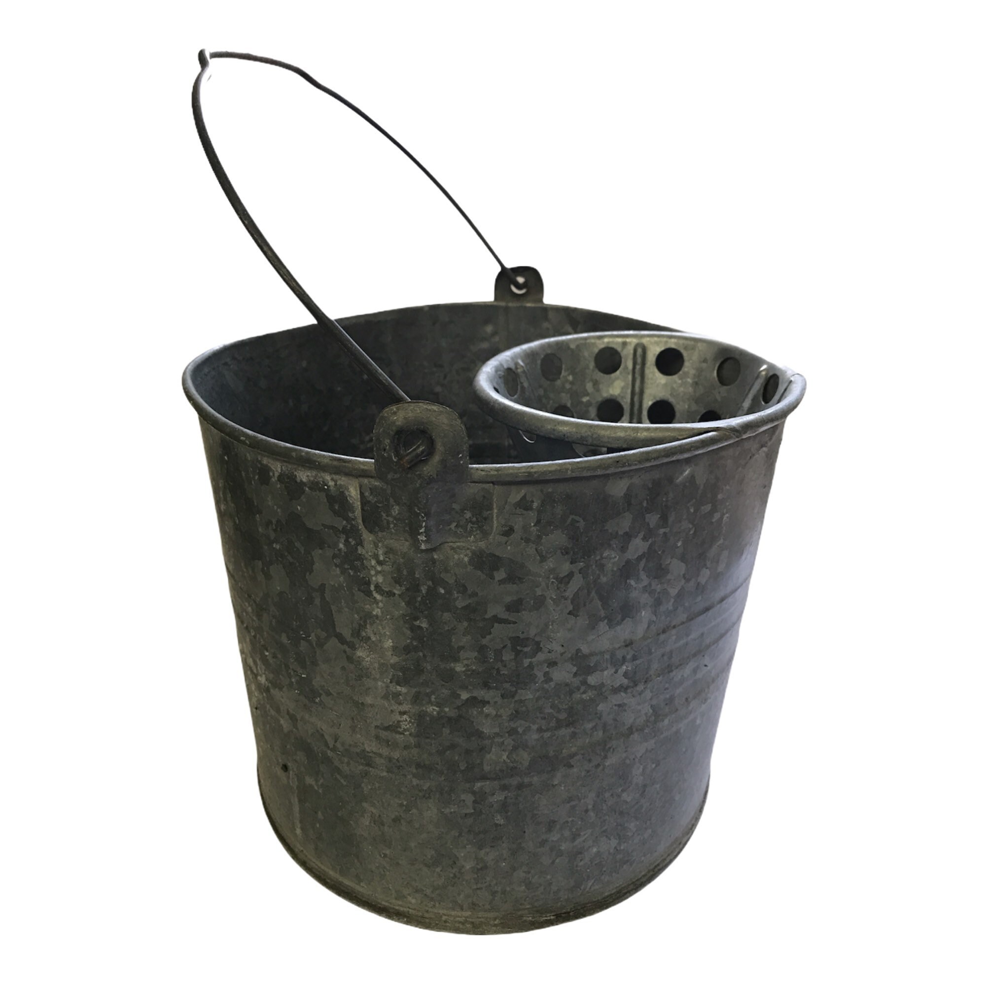 Antique Galvanized Metal Bucket / Pail With Built in Sieve / Strainer -   India