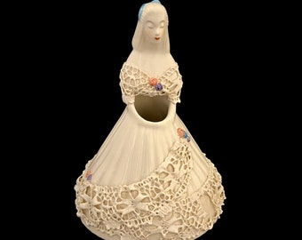 Solemn Lady Bride in Tattered Lace Dress Ceramic Vase 1950s Mid Century Decor Bruner's Fine Arts Santa Rosa California