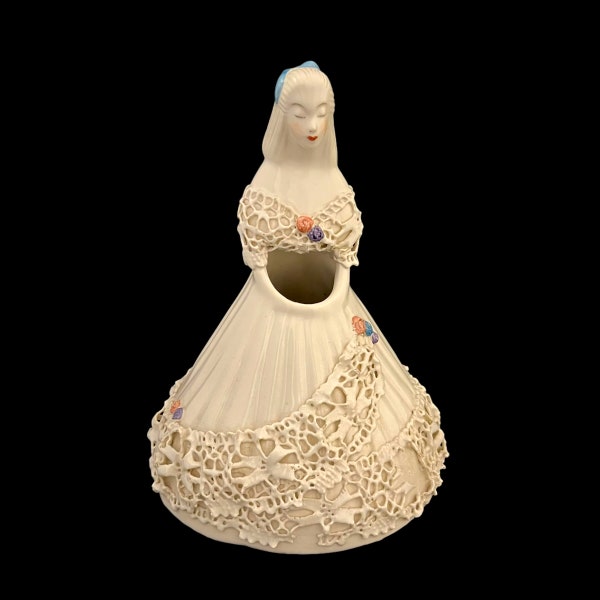 Solemn Lady Bride in Tattered Lace Dress Ceramic Vase 1950s Mid Century Decor Bruner's Fine Arts Santa Rosa California