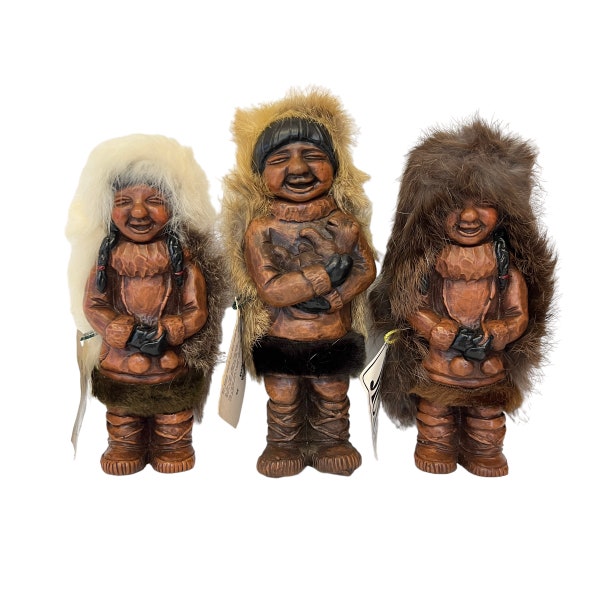 Original Nuni Doll by Kiana Set of 3 Traditional Vintage Alaskan Eskimo Fur Dolls