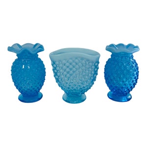 Fenton Blue Hobnail Glass Vases SET of 3