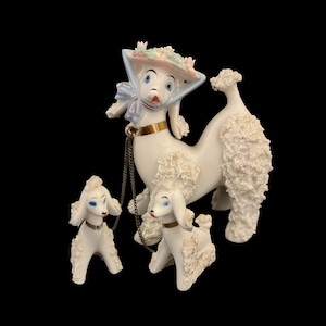 French Spaghetti Poodles Mother and Puppies on Leashes Japan Ceramic Dog Figurines