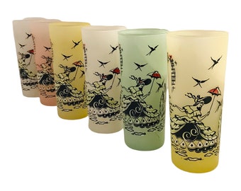 Anchor Hocking Pastel Frosted Highball Tumbler Highball Glasses Southern Belle Ladies with Parasols Tom Collins Glasses SET OF 6