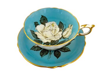 Paragon Turquoise Floating White Cabbage Rose Tea Cup and Saucer Set  Fine Bone China A277 Double Warrant SCARCE