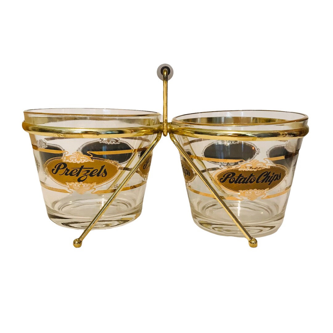 Culver Glass 22kt Potato Chips and Pretzels Buckets in Carrier Etsy