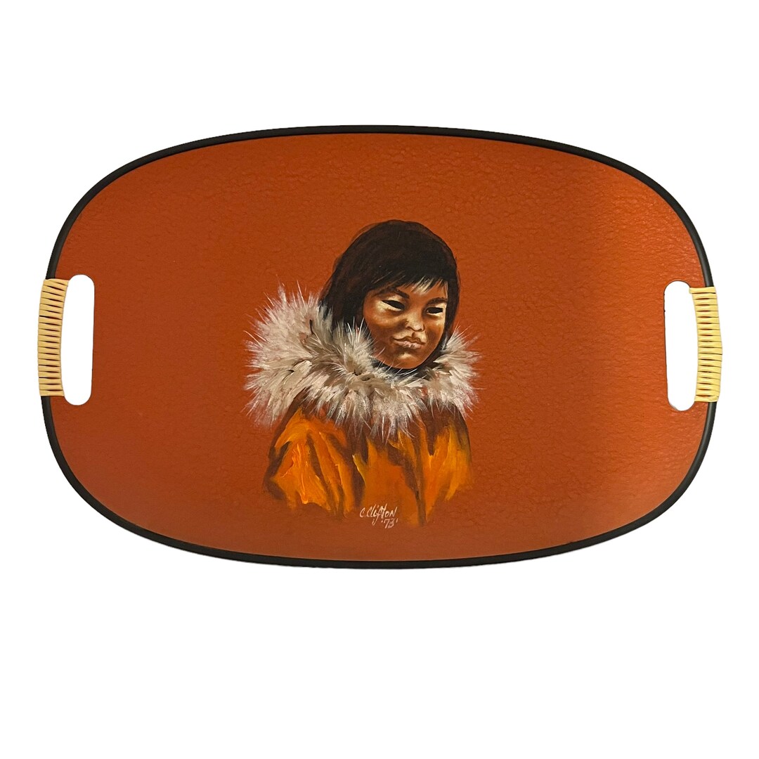 Vintage Eskimo Native Inuit Child Fiberboard Wrapped Handled Tray