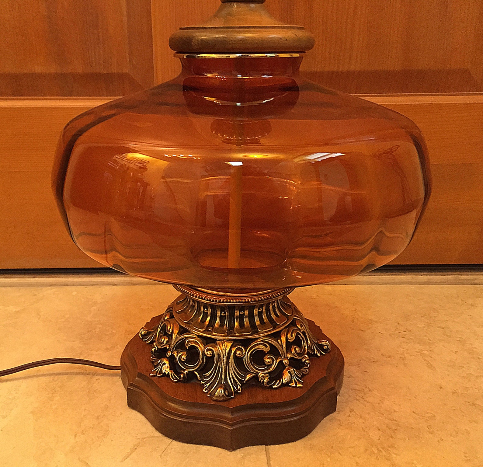 Amber Glass Wood Table Lamp Mid Century 1970s Hollywood Etsy