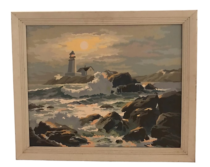 Vintage PBN Framed Paint by Number Painting Lighthouse Coastal Scene Ocean Rocks Etsy