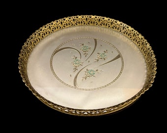 Round Floral Foil and Gold Toned Filigree Vanity Dresser Tray Centerpiece