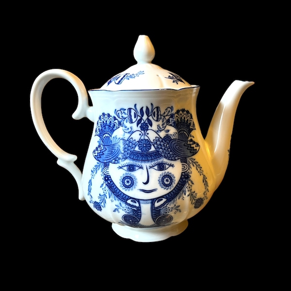 Artistic Seito Japan Flower Child Teapot Blue and White Danish Bjørn Wiinblad Style