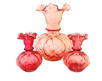 Trio of Fenton Cranberry Pink Glass Melon Flower Vases Ruffled Art Glass