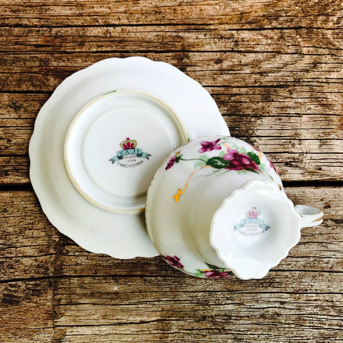 Saji Occupied Japan Fancy China Tea Cup Saucer Set Violets Etsy