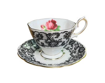 Royal Albert Senorita Bone China Cup and Saucer Set England Black Lace and Red Roses