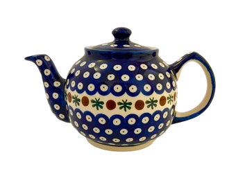 Zaklady Ceramiczne Boleslawiec Polish Pottery Tea Pot Nature Pattern Blue White Red Handmade in Poland