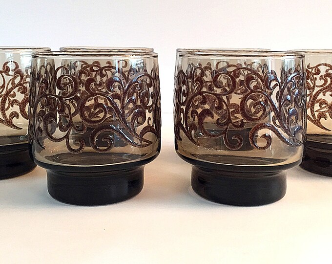Libbey Prado Glasses Smoky Brown Scroll Pattern Retro 1970s Etsy
