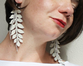 Long, White, Lightweight and Soft Leather Leaf  and Silver Plated Chain Earrings