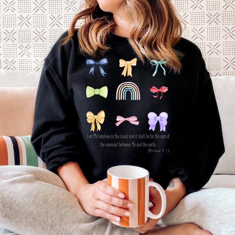 Rainbow and Bows Coquette Watercolor Bible Verse Genesis 913 Bows Cute
