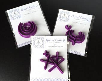 Set of 3 shapes: Rounded petal, pointed petal, and cross Reveal Cutters