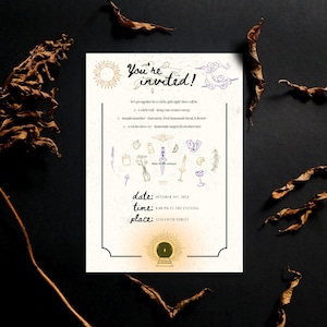 May include: A white invitation card with a hand-drawn illustration of a sun, moon, and various witchy symbols. The text reads "You're invited!" and includes details for a witchy gathering on October 1st, 2024 at 8:00 PM at 1234 Fifth Street.