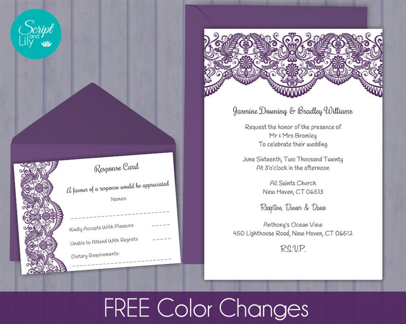 Lace Wedding Invitation Template Free Response Card Etsy