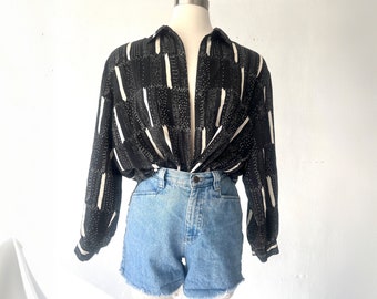 90s Silky Abstract Button Down Blouse (XL, XXL) - Black and White Printed Silky Blouse