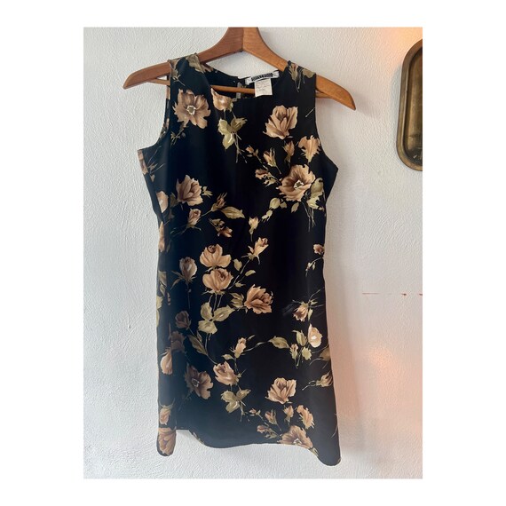 90s Dark Floral Mini Dress - Vintage Black Floral… - image 1