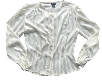 90s Tonal Stripe Silky Button Down (M) - Cream Button Down Blouse with Stripes