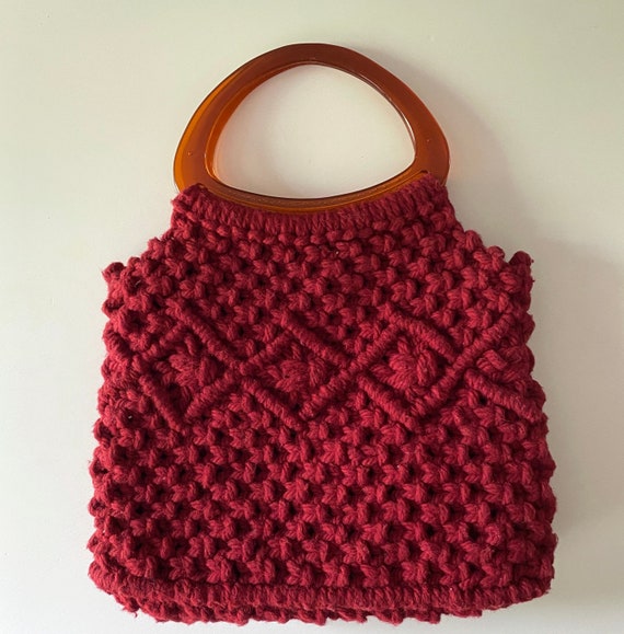 70s Macrame Handbag with Acetate Handles - Woven … - image 1